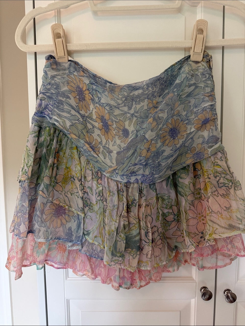 LoveShackFancy Pastel Floral Tiered Skirt in Blue, Pink & Yellow